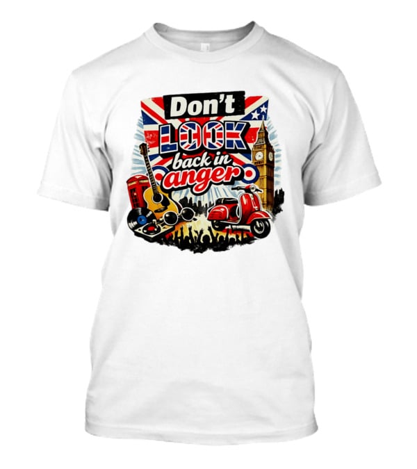 Don't Look Back In Anger UK Flag Vespa Guitar Big Ben Music T-Shirt