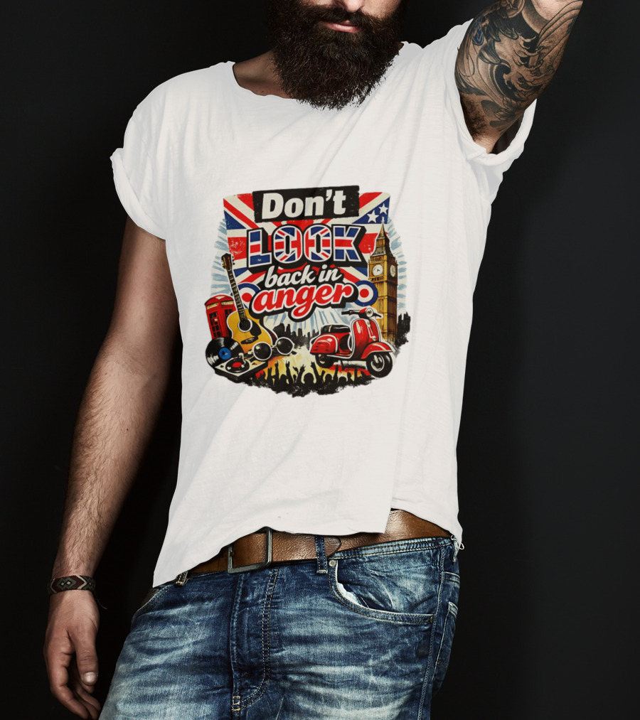 Don't Look Back In Anger UK Flag Vespa Guitar Big Ben Music T-Shirt