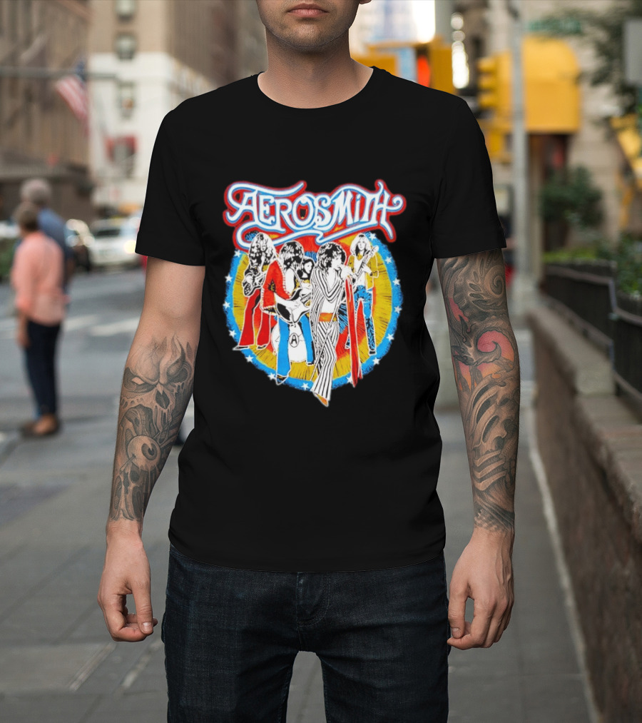 Aerosmith Vintage Band Members Illustration With Stars And Sunburst T-Shirt