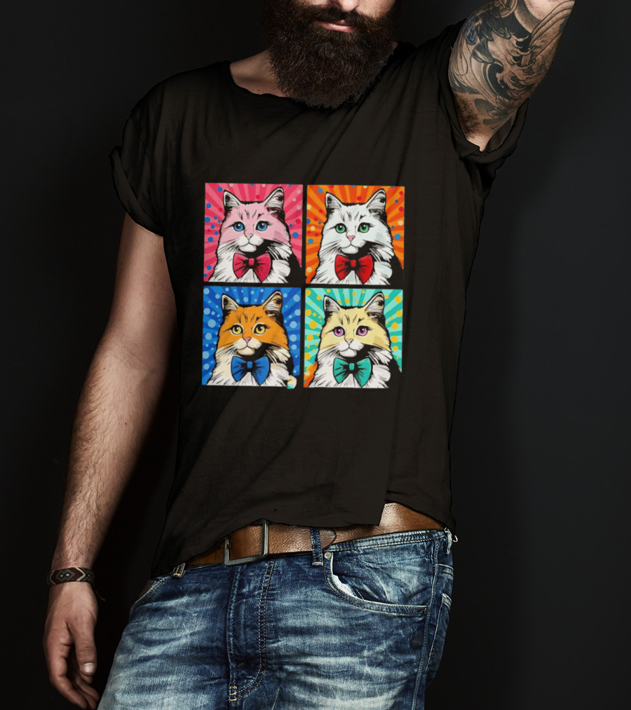 Pop Art Pop Four Panel Colorful Cats Wearing Bowties Kilkennycat T-Shirt