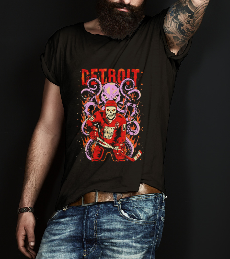Detroit Salty Goon Skeleton Hockey Giant Octopus T-Shirt
