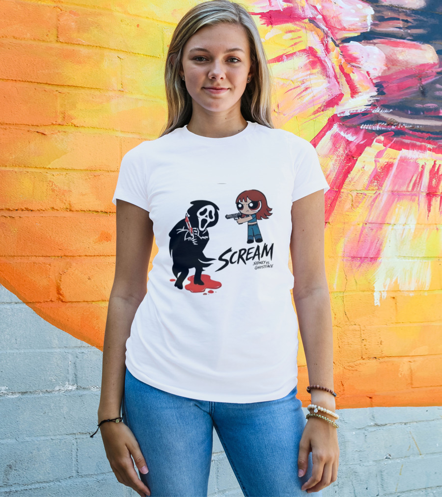 Scream Sidney Vs. Ghostface Cartoon Style Showdown With Knife And Splatter T-Shirt