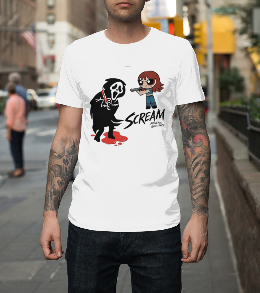Scream Sidney Vs. Ghostface Cartoon Style Showdown With Knife And Splatter T-Shirt
