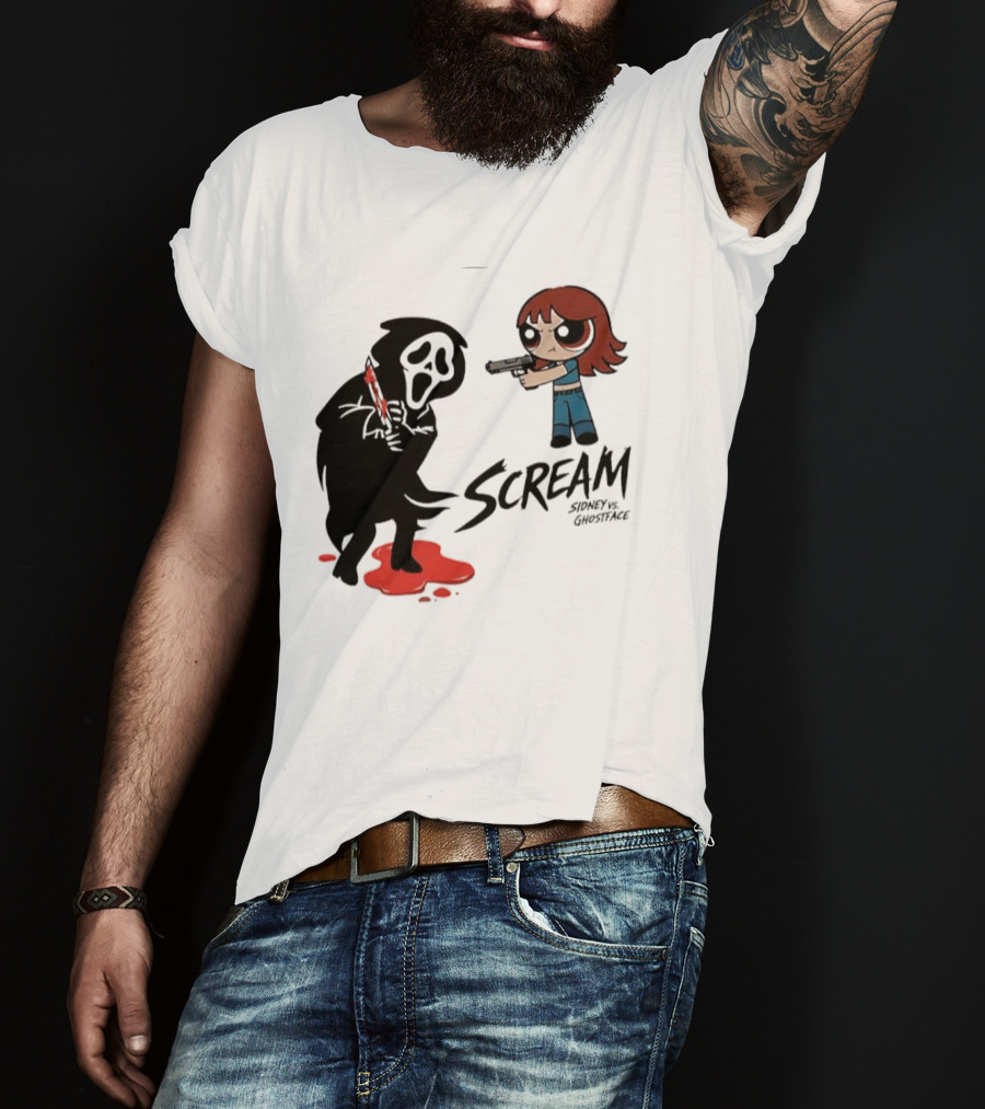 Scream Sidney Vs. Ghostface Cartoon Style Showdown With Knife And Splatter T-Shirt