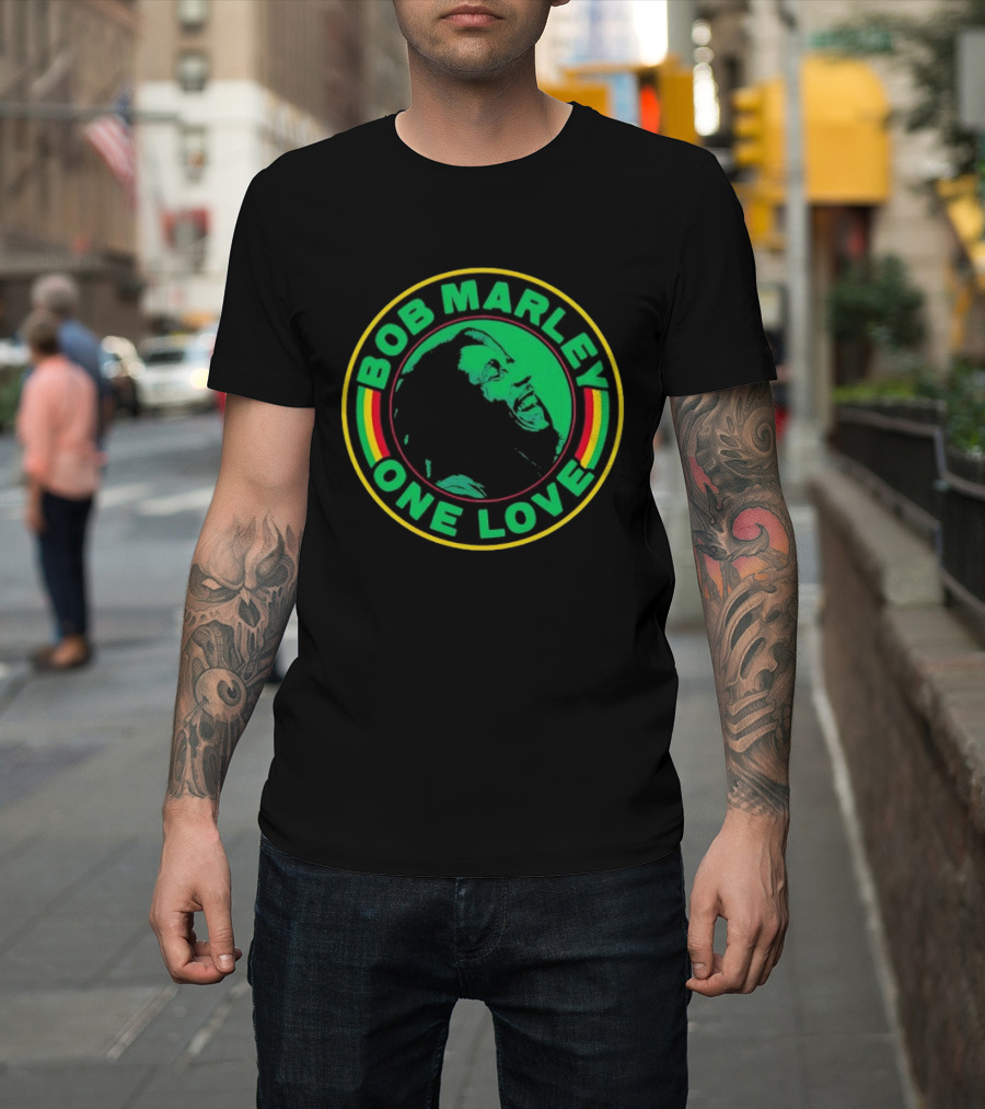 Bob Marley One Love Iconic Circle Emblem With Green And Red Highlights T-Shirt
