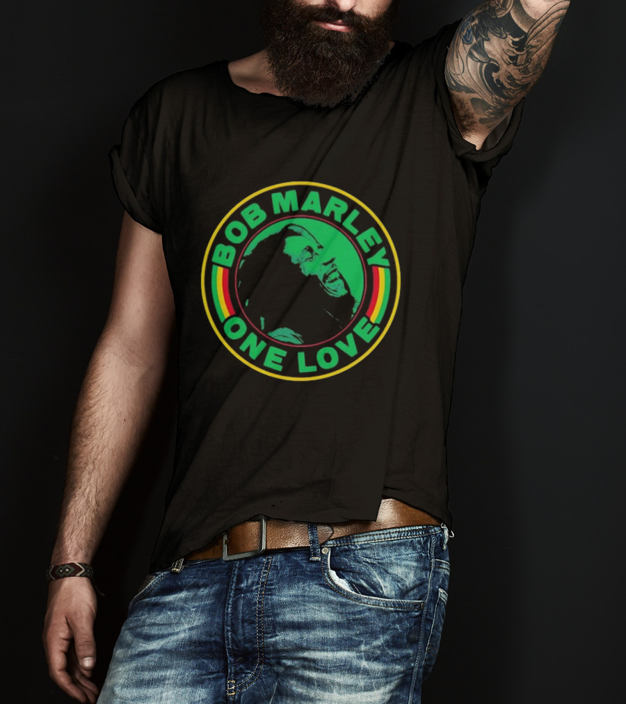 Bob Marley One Love Iconic Circle Emblem With Green And Red Highlights T-Shirt
