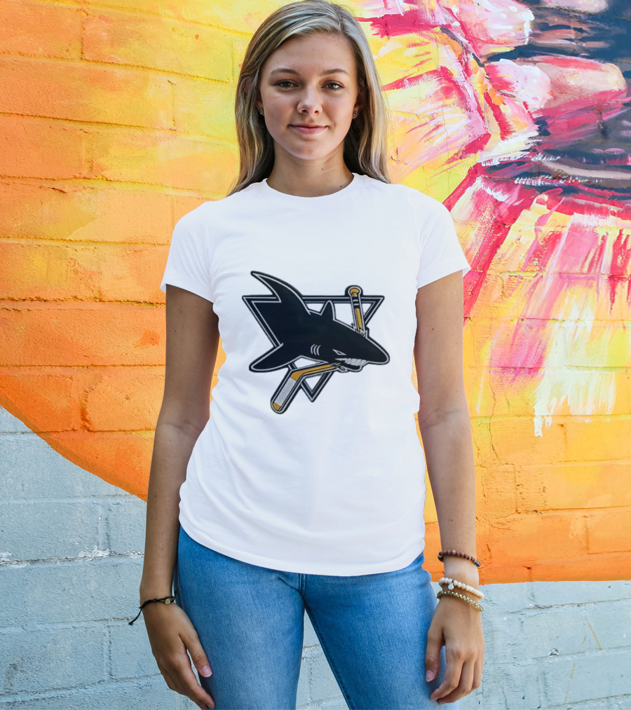 San Jose Sharks Biting Hockey Stick Triangle Sports T-Shirt
