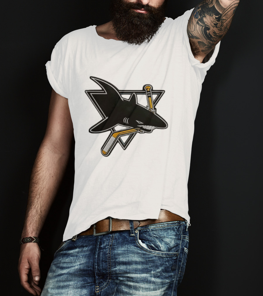 San Jose Sharks Biting Hockey Stick Triangle Sports T-Shirt