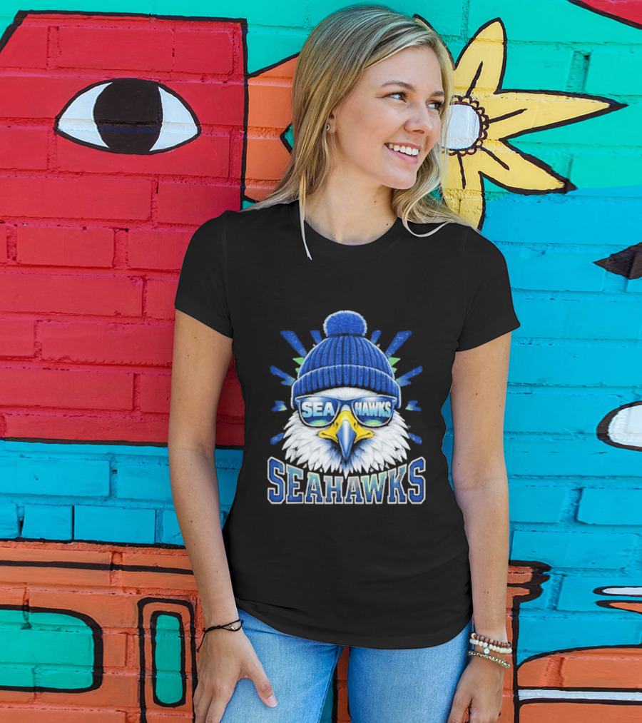 Seahawks Eagle Face With Sunglasses And Winter Hat T-Shirt