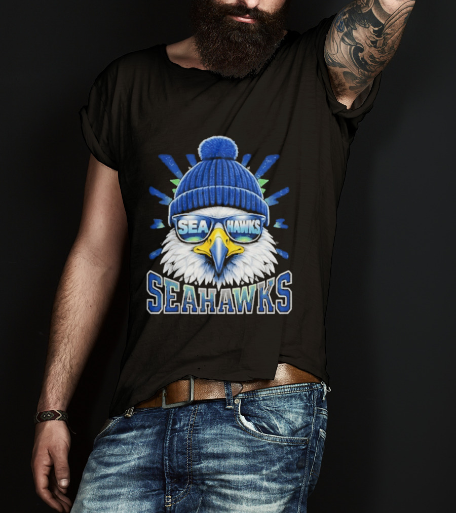 Seahawks Eagle Face With Sunglasses And Winter Hat T-Shirt
