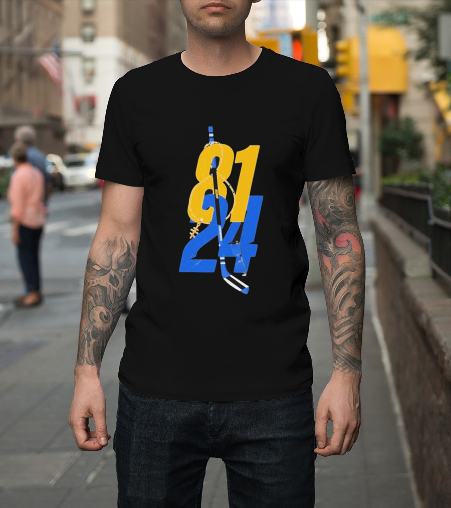 Ilya Rozanov 81 Shane Hollander 24 Hockey Stick Yellow Blue Numbers T-Shirt