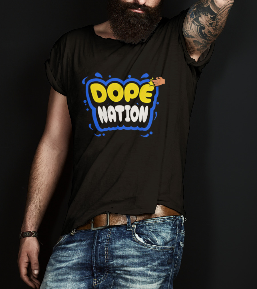 Dope Nation Bubble Letters With Yellow Hand And Blue T-Shirt