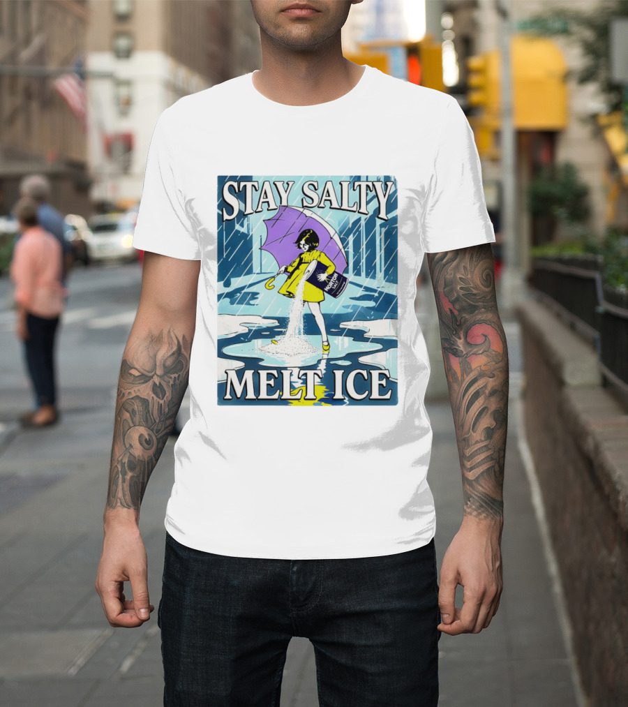 Morton Salt Stay Salty Melt ICE Umbrella Girl Retro Rain Scene T-Shirt