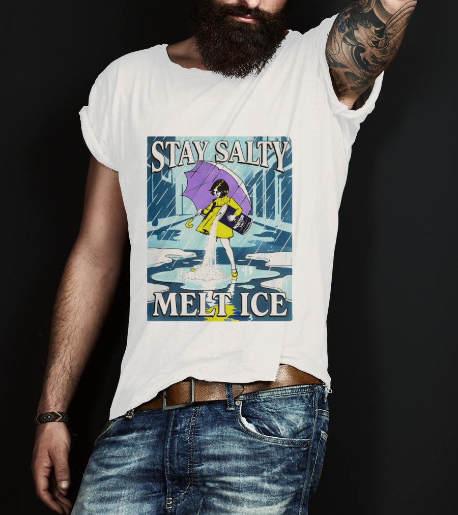 Morton Salt Stay Salty Melt ICE Umbrella Girl Retro Rain Scene T-Shirt