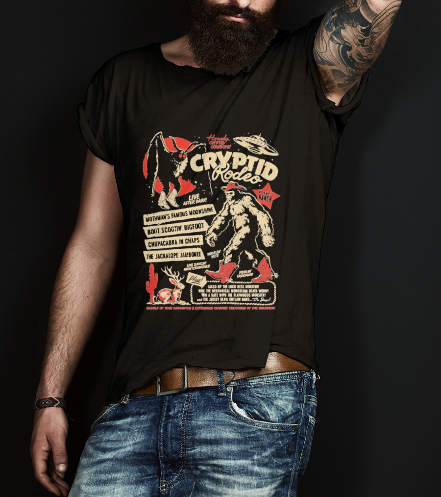 Howdy Cryptid Rodeo Yeti Sasquatch UFO Cactus Jackalope Chupacabra T-Shirt