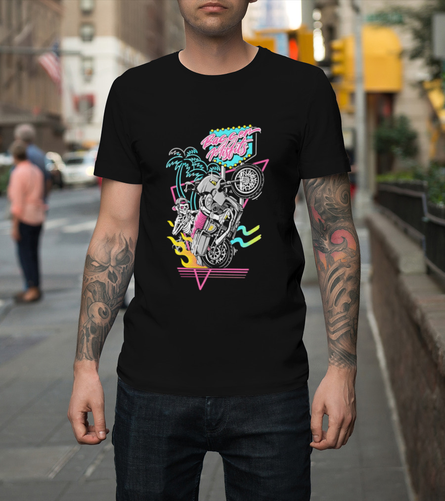 Bagger Misfits Skeleton Motorcycle Wheelie Neon 80s Palm Trees T-Shirt