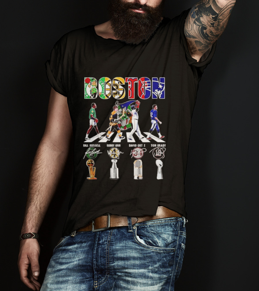 Boston Celtics Bruins Red Sox Patriots Bill Russell Bobby Orr David Ortiz Tom Brady Trophies Legends Signatures T-Shirt
