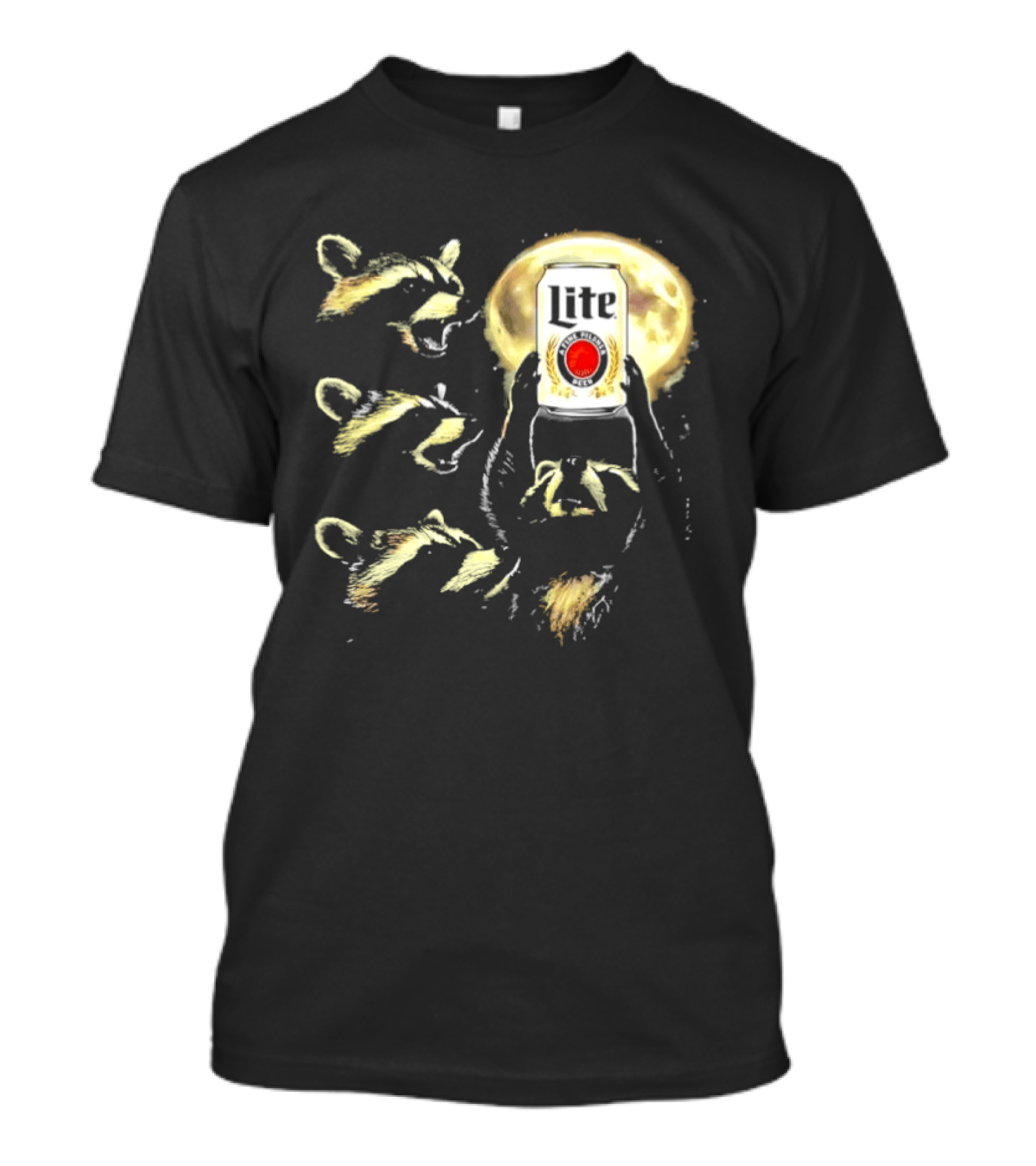 Four Raccoons Howling At Moon With Miller Lite Can T-Shirt