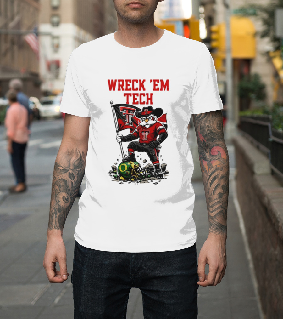 Wreck 'Em Tech Texas Tech Red Raiders Raider Red Flag And Helmet T-Shirt