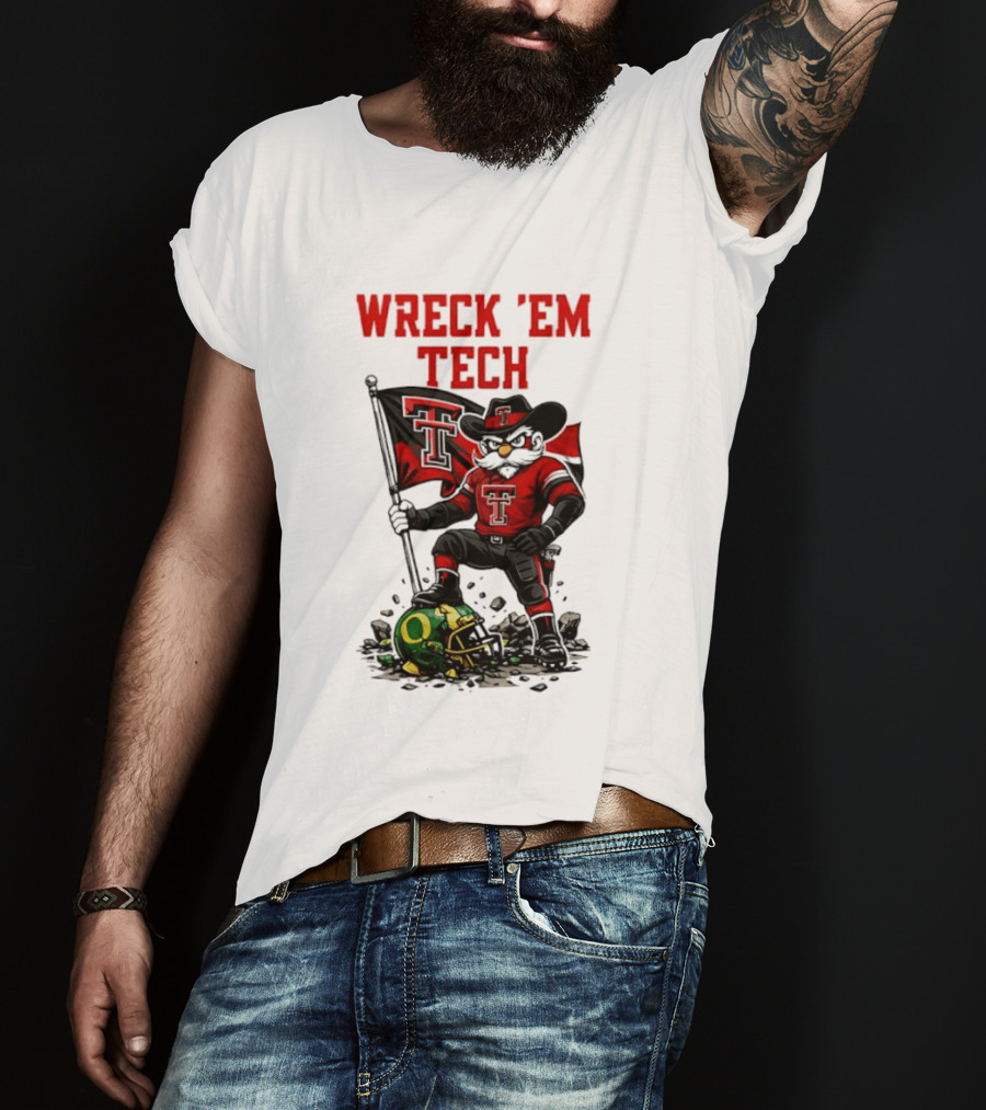 Wreck 'Em Tech Texas Tech Red Raiders Raider Red Flag And Helmet T-Shirt