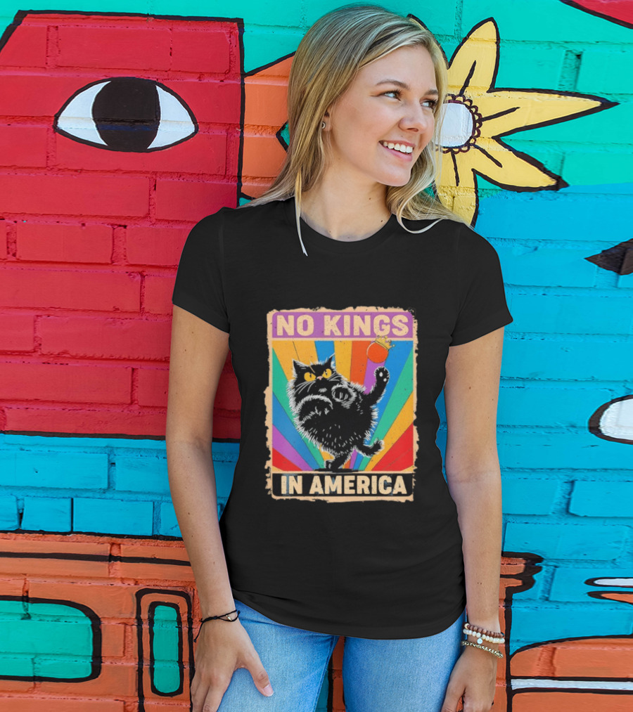 No Kings In America Black Cat Anti Trump Rainbow Kingslayer T-Shirt