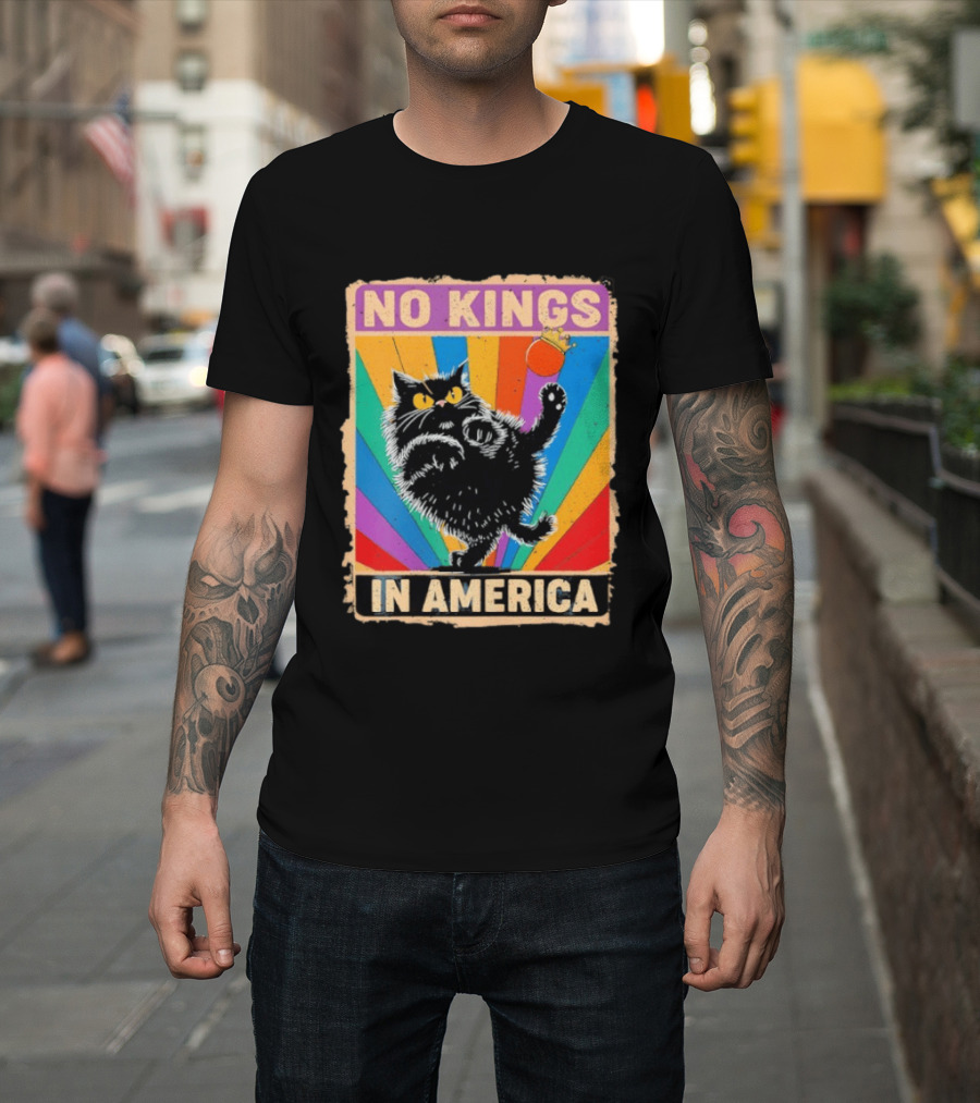 No Kings In America Black Cat Anti Trump Rainbow Kingslayer T-Shirt