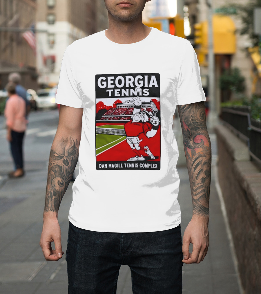 Georgia Tennis Dan Magill Tennis Complex Cartoon Character Court Scene T-Shirt