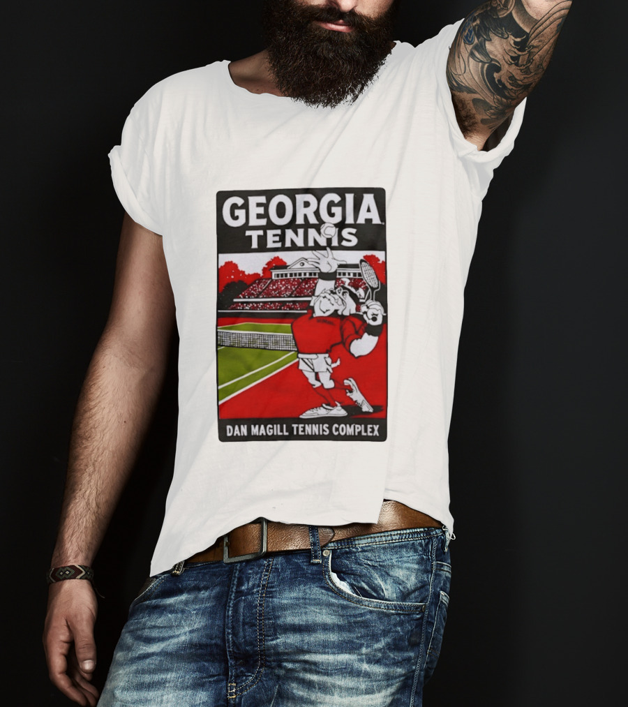 Georgia Tennis Dan Magill Tennis Complex Cartoon Character Court Scene T-Shirt