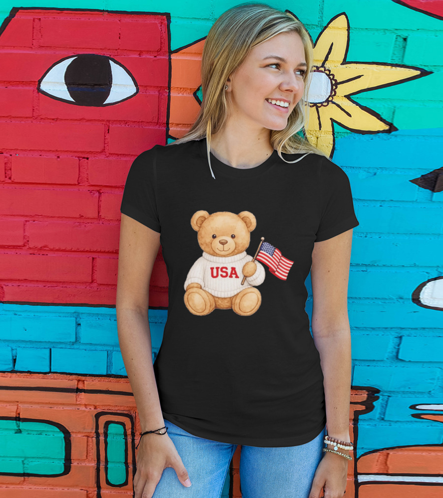 USA Teddy Bear Holding American Flag T-Shirt