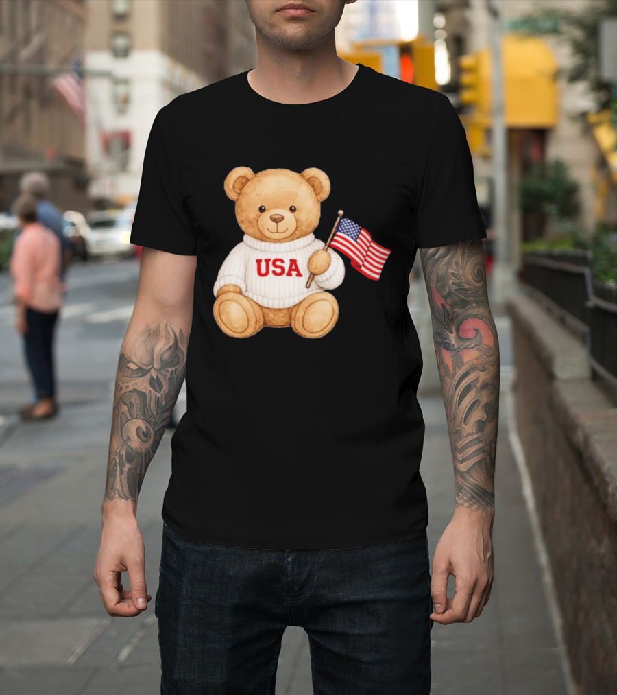 USA Teddy Bear Holding American Flag T-Shirt
