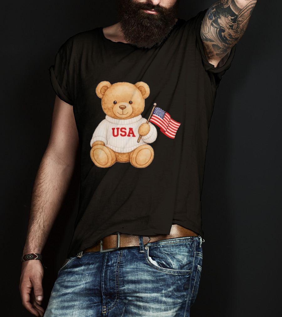 USA Teddy Bear Holding American Flag T-Shirt