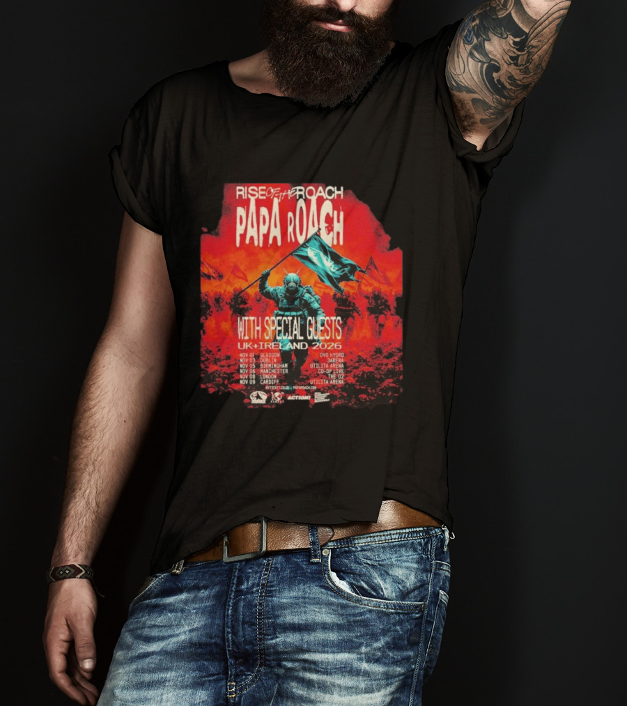 Papa Roach Rise Of The Roach With Special Guests UK Ireland Tour 2026 Dates Glasgow Dublin Birmingham Manchester London Cardiff T-Shirt
