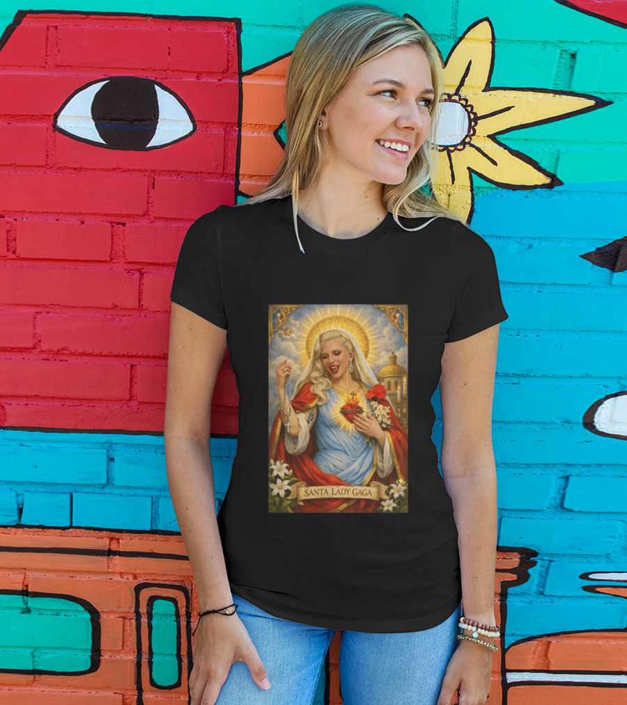 Santa Lady Gaga Sacred Heart Imagery With Rosary And Golden Halo T-Shirt