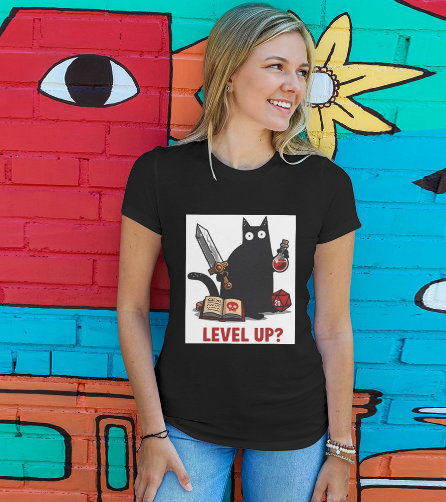 Black Cat Level Up Sword Potion D20 Dice Book Dungeons And Dragons T-Shirt