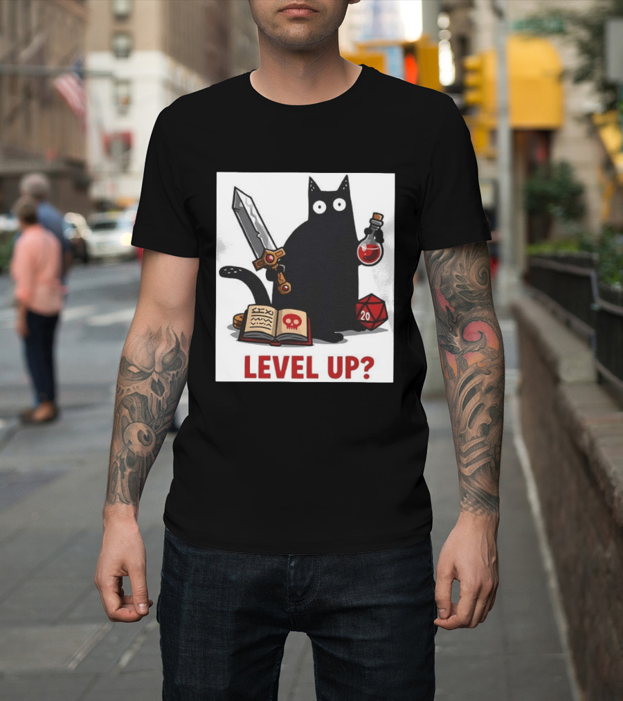 Black Cat Level Up Sword Potion D20 Dice Book Dungeons And Dragons T-Shirt