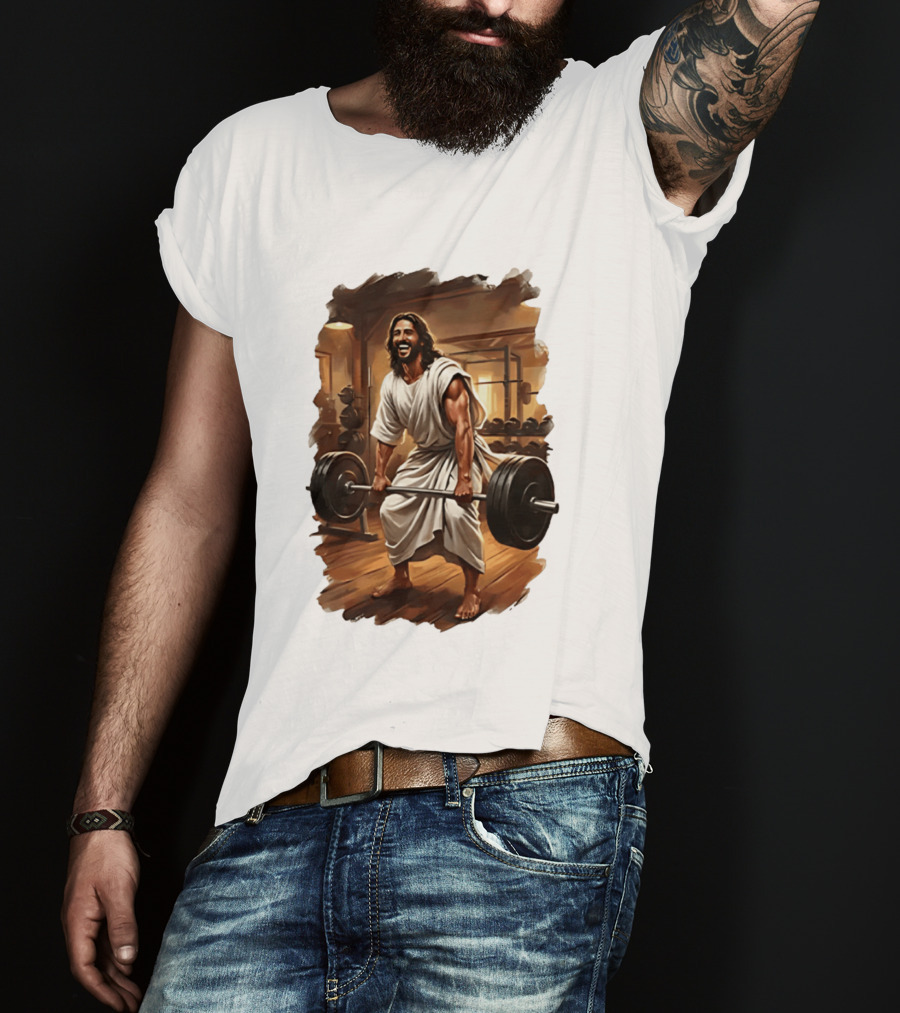 Jesus Lifting Weights In Gym Spiritual Fitness Motivation T-Shirt