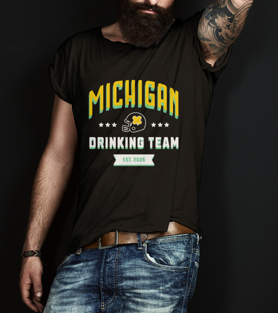 Michigan Wolverines Drinking Team St Patrick's Day Est 2026 Football Helmet Four Leaf Clover T-Shirt