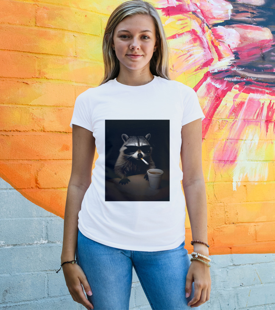 Raccoon Drinking Coffee Smoking Cigarette Wearing Sunglasses T-Shirt