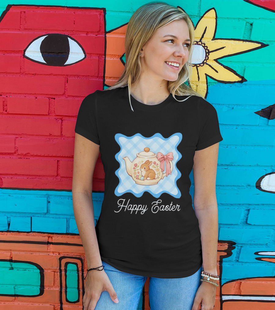 Happy Easter Bunny Teapot With Floral Blue Gingham And Pink Bow T-Shirt