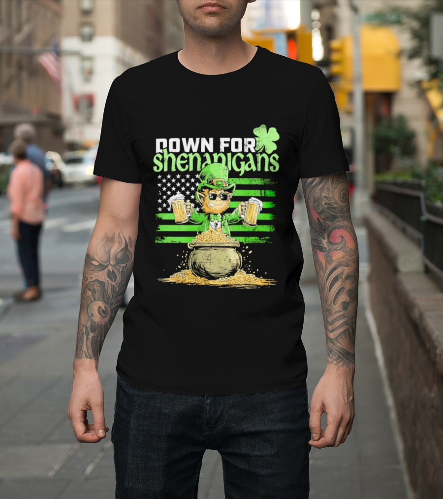 Down For Shenanigans Leprechaun With Beers And Clover American Flag T-Shirt
