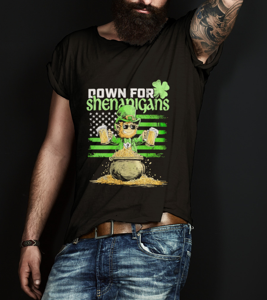 Down For Shenanigans Leprechaun With Beers And Clover American Flag T-Shirt