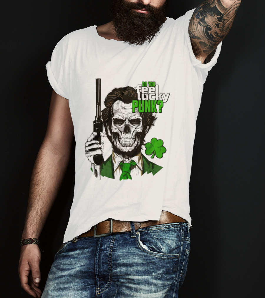 Do You Feel Lucky Punk Skull Gun Shamrock T-Shirt