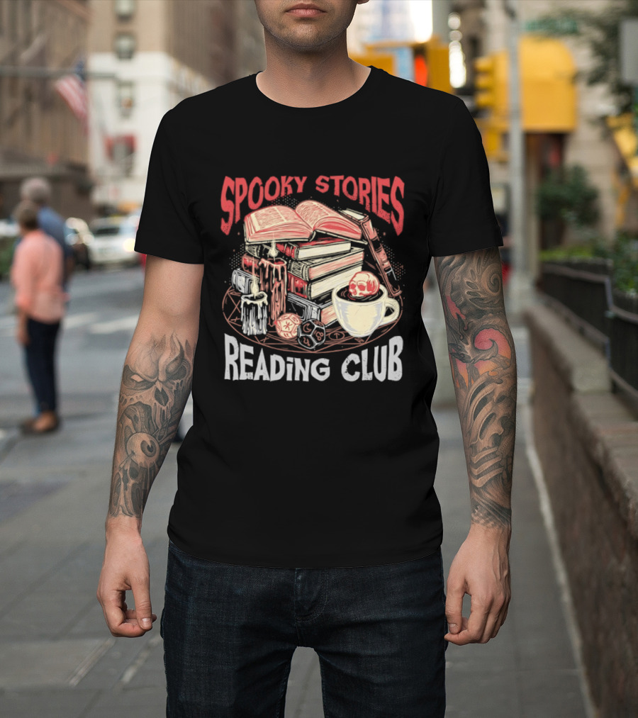 Spooky Stories Reading Club Books Candles Skulls and Cup T-Shirt
