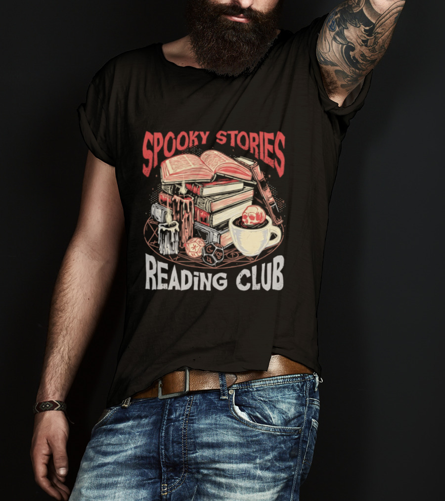 Spooky Stories Reading Club Books Candles Skulls And Cup T-Shirt