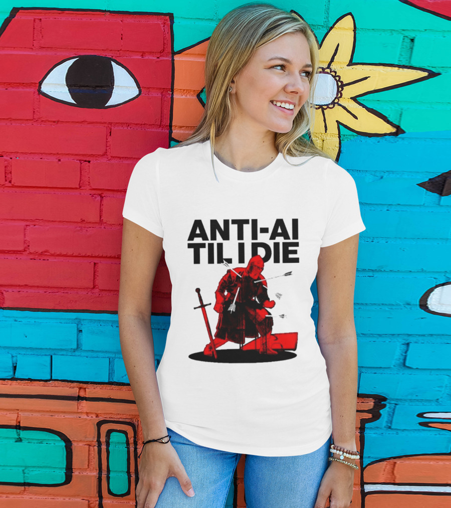 ANTI AI TIL I DIE Medieval Warrior Kneeling With Sword And Arrows T-Shirt