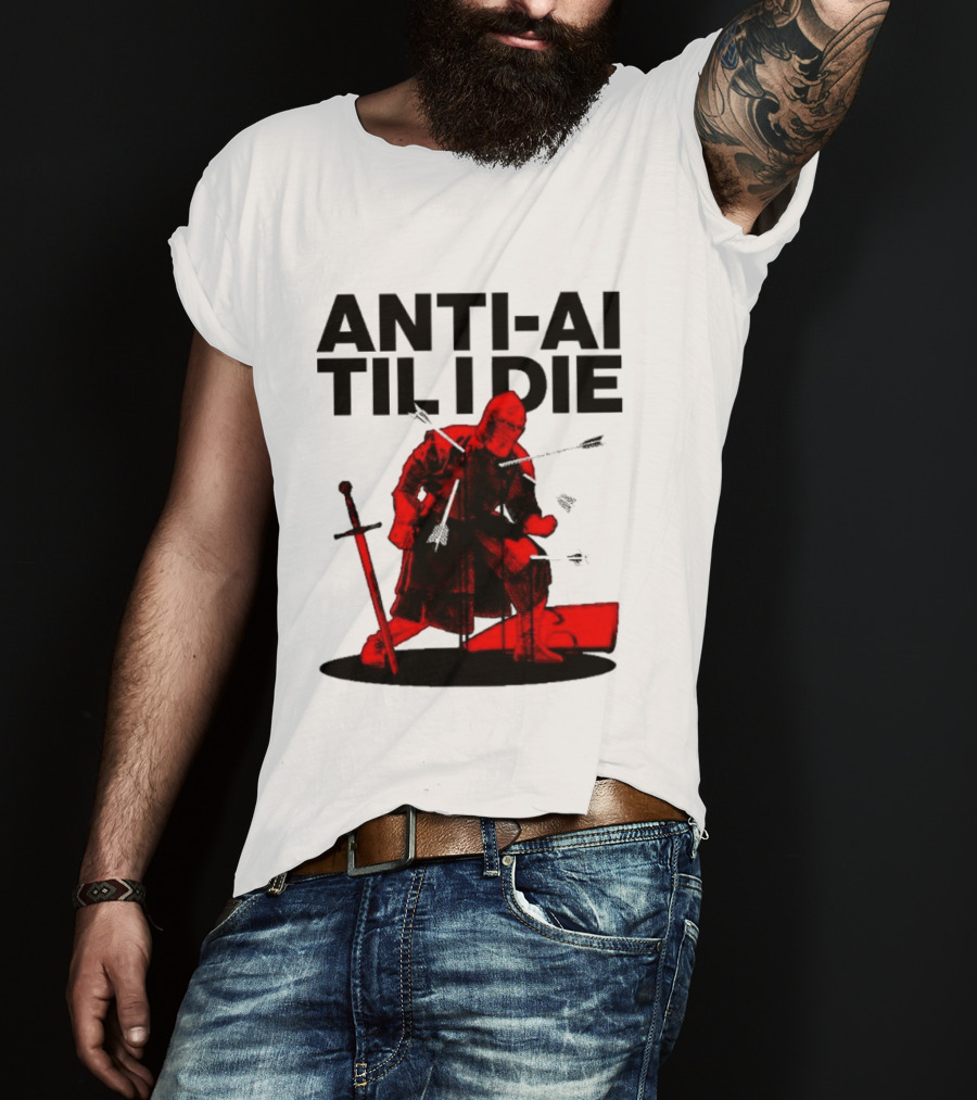 ANTI AI TIL I DIE Medieval Warrior Kneeling With Sword And Arrows T-Shirt