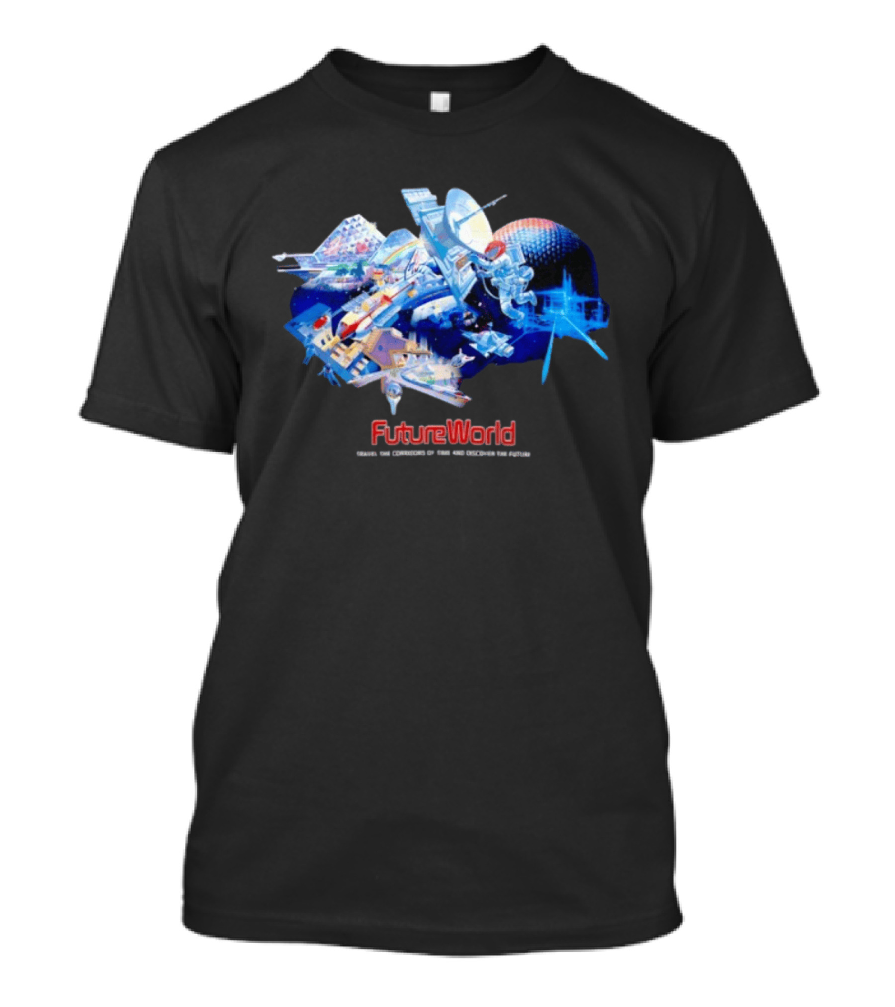 FutureWorld Time Travel Adventures Spaceship And Satellite Exploration T-Shirt