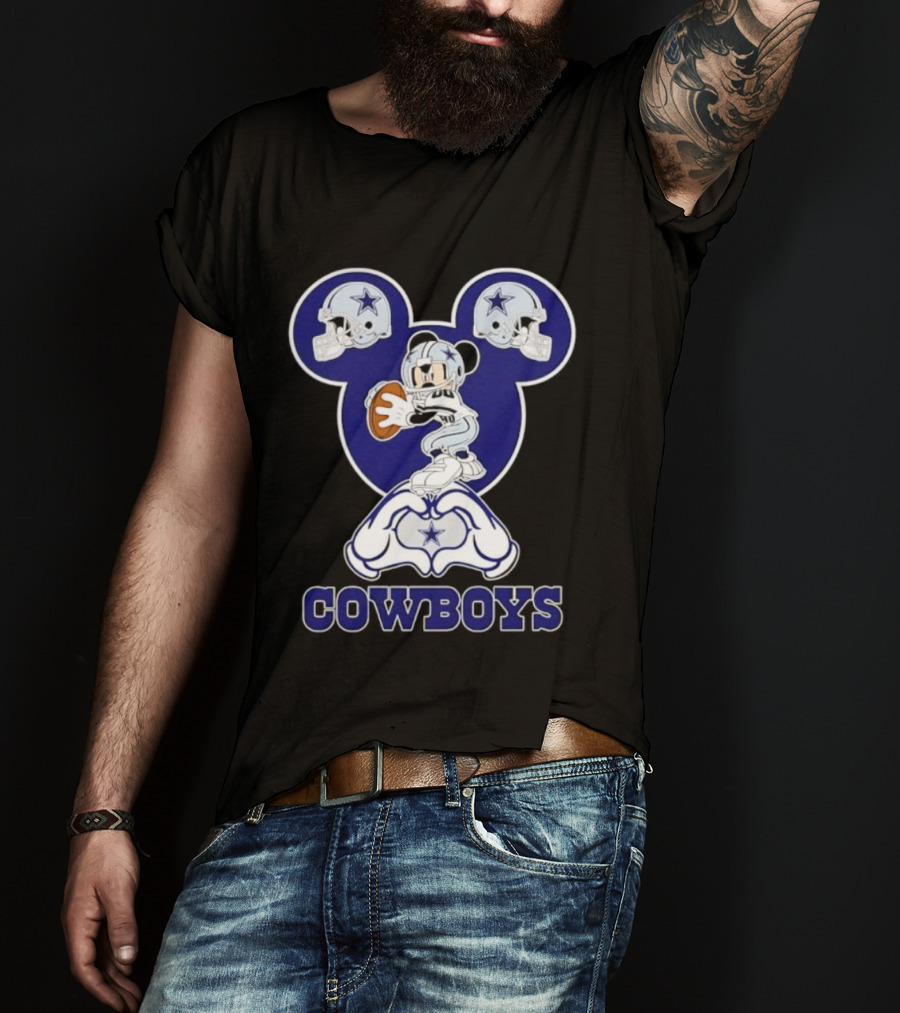 Dallas Cowboys Mickey Mouse Heart Hands Football Helmets T-Shirt