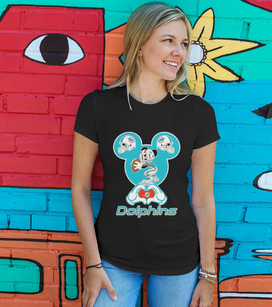 Miami Dolphins Mickey Mouse Heart Hands Football Helmets T-Shirt