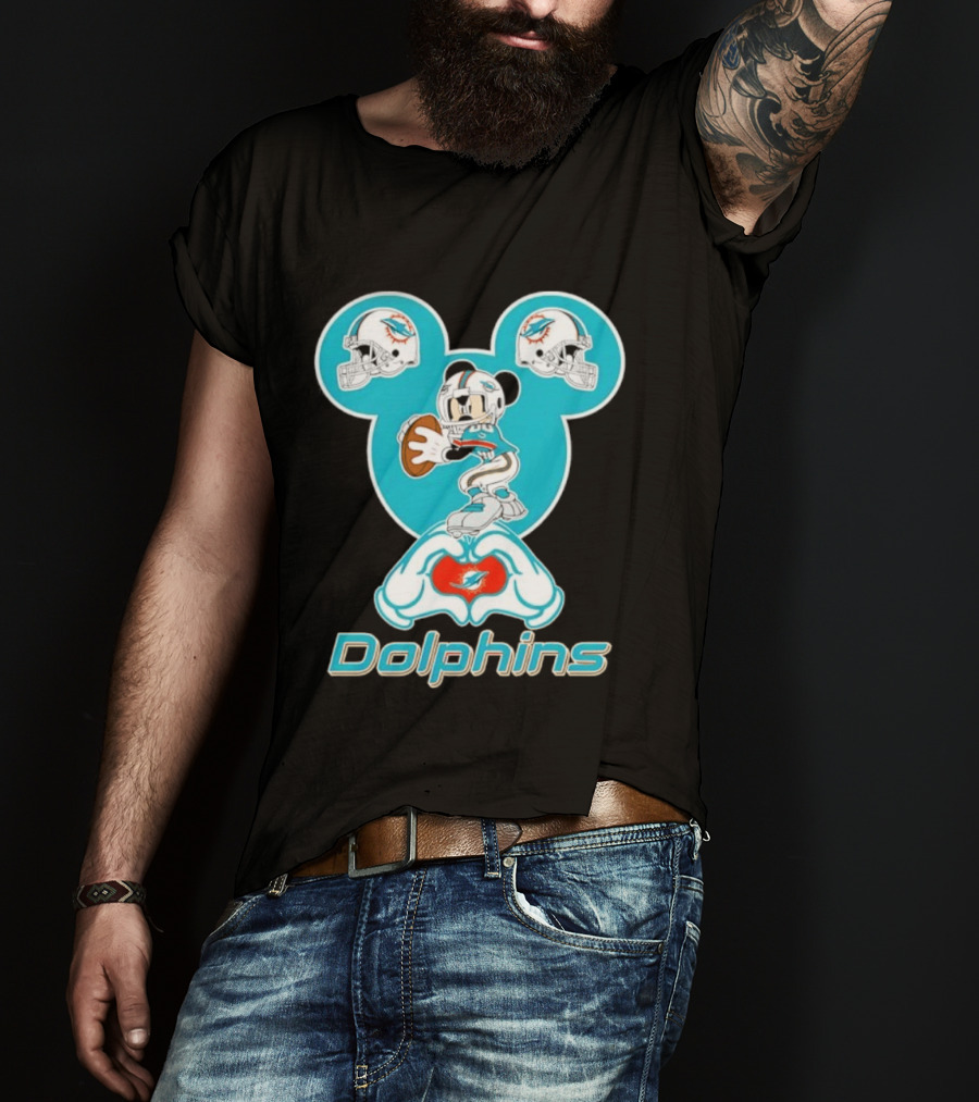 Miami Dolphins Mickey Mouse Heart Hands Football Helmets T-Shirt